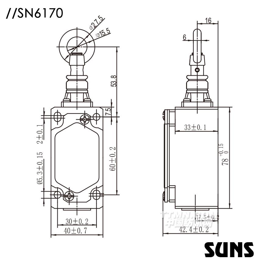 SUNS美國三實自復位拉繩開關SN6170安全拉繩開關 單向動作式拉繩開關 尺寸圖